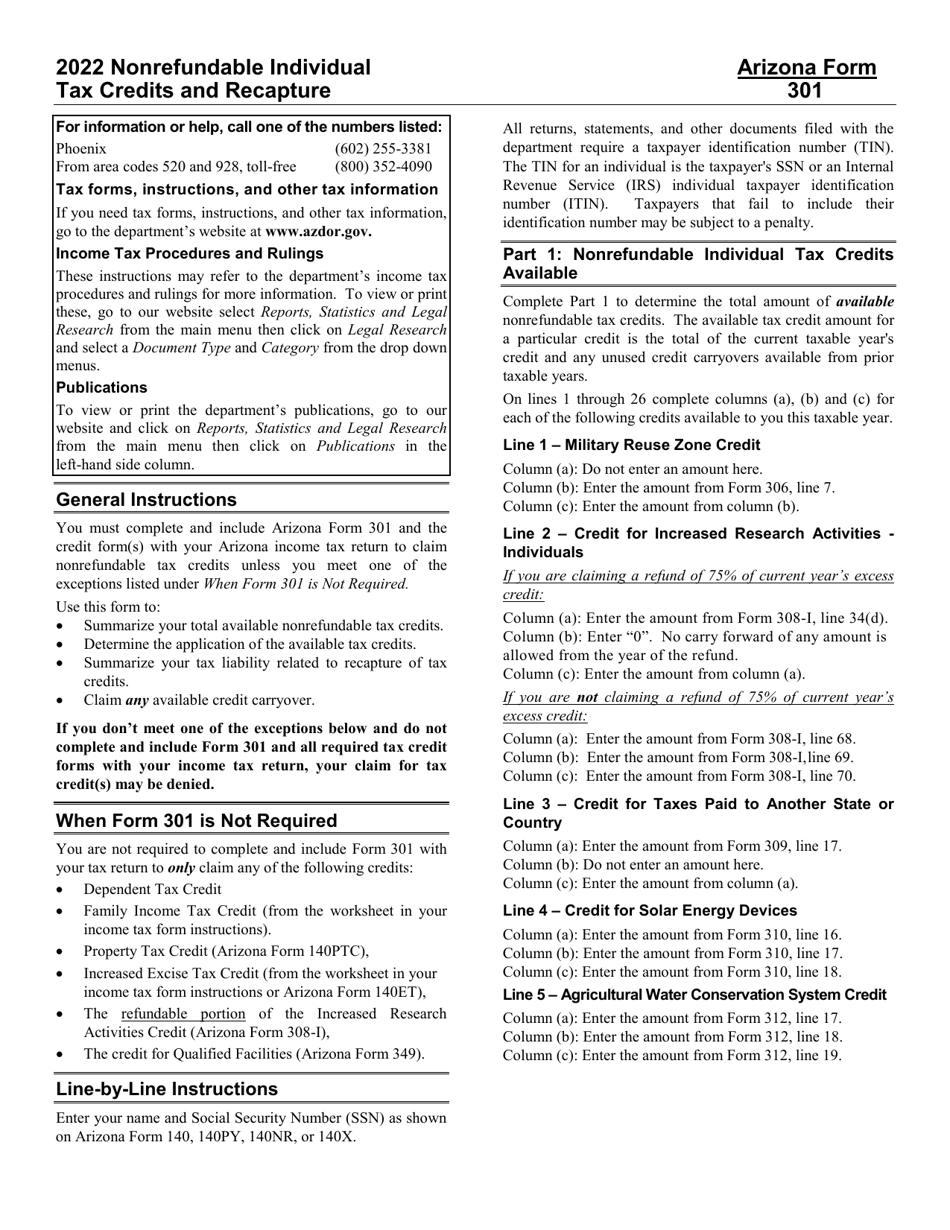 Instructions for Arizona Form 301, ADOR10127 Nonrefundable Individual Tax Credits and Recapture - Arizona, Page 1