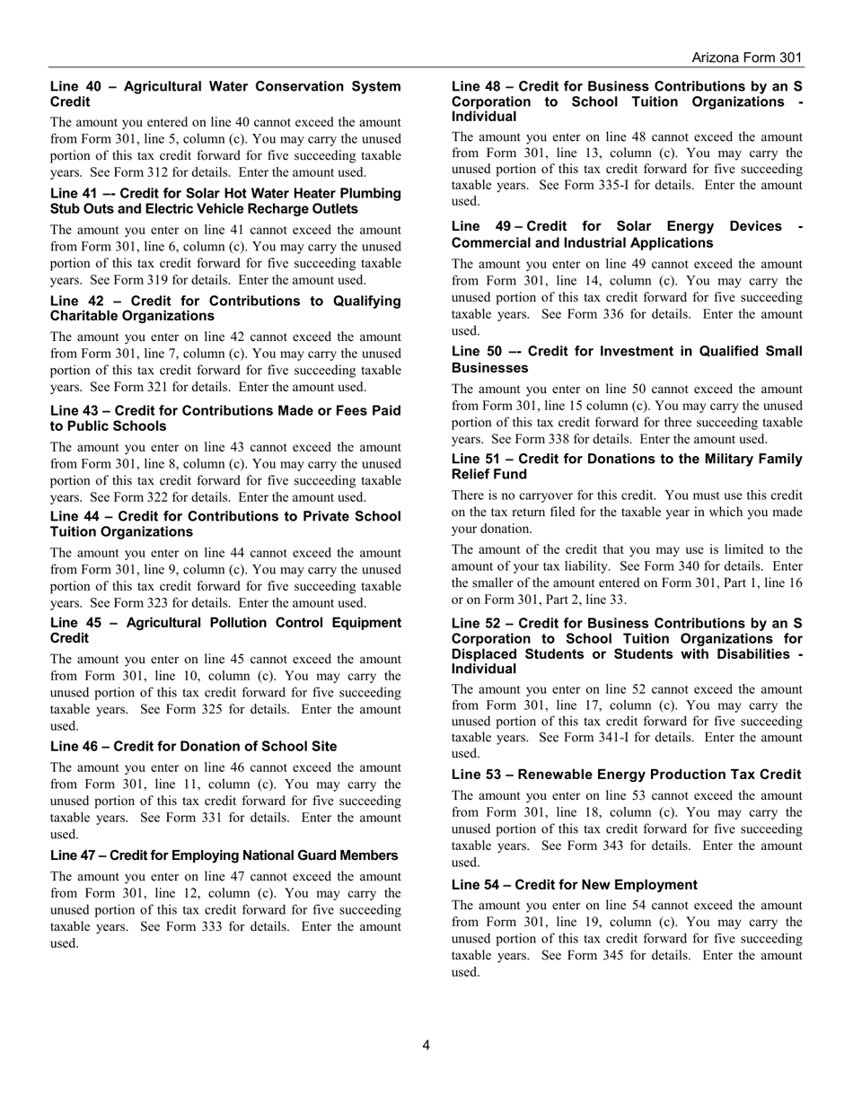 Instructions for Arizona Form 301, ADOR10127 Nonrefundable Individual Tax Credits and Recapture - Arizona, Page 4