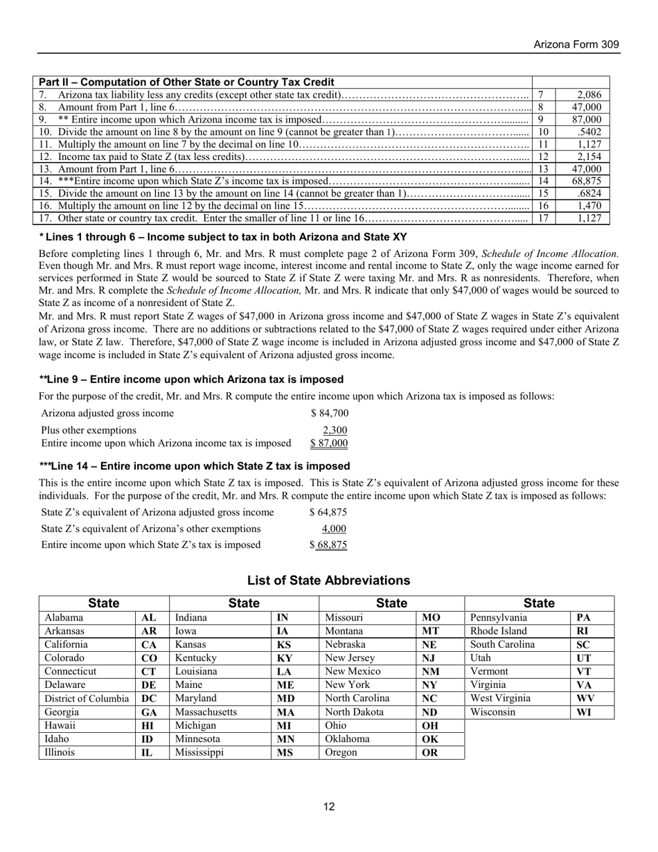 Instructions for Arizona Form 309, ADOR10136 Credit for Taxes Paid to Another State or Country - Arizona, Page 12