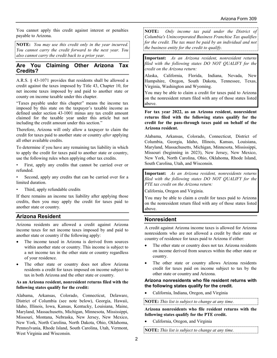 Instructions for Arizona Form 309, ADOR10136 Credit for Taxes Paid to Another State or Country - Arizona, Page 2