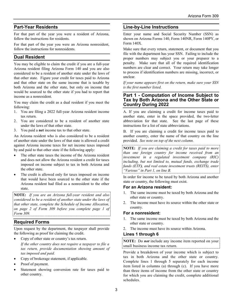 Instructions for Arizona Form 309, ADOR10136 Credit for Taxes Paid to Another State or Country - Arizona, Page 3