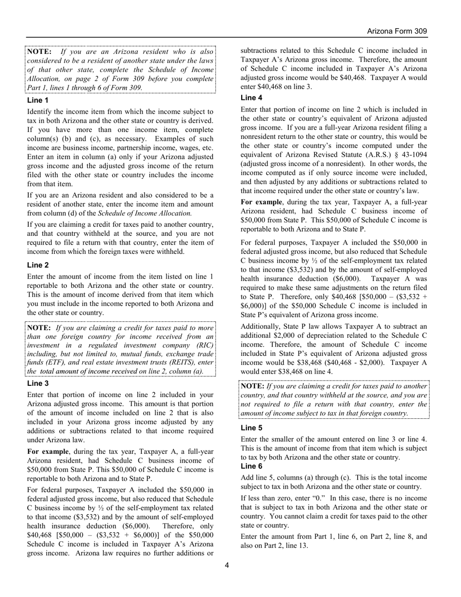 Instructions for Arizona Form 309, ADOR10136 Credit for Taxes Paid to Another State or Country - Arizona, Page 4