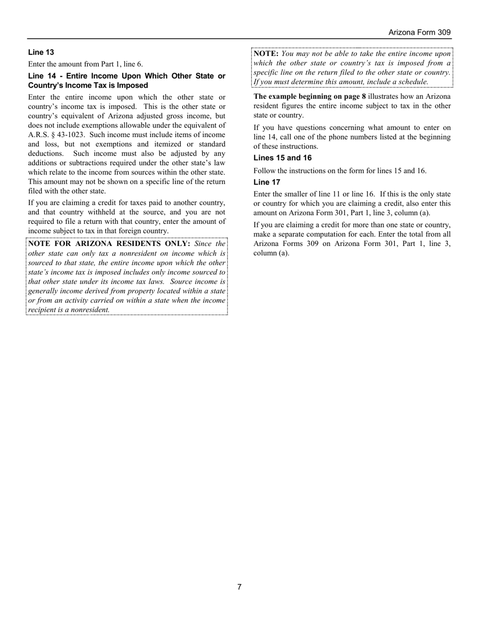 Instructions for Arizona Form 309, ADOR10136 Credit for Taxes Paid to Another State or Country - Arizona, Page 7