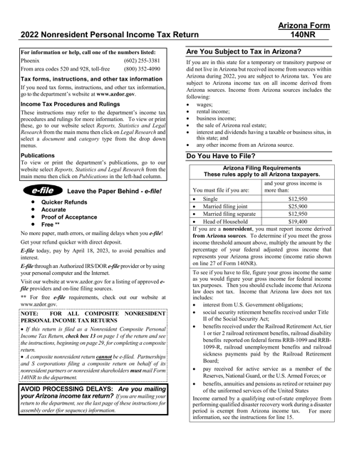Instructions for Arizona Form 140NR, ADOR10413 Nonresident Personal Income Tax Return - Arizona, 2022