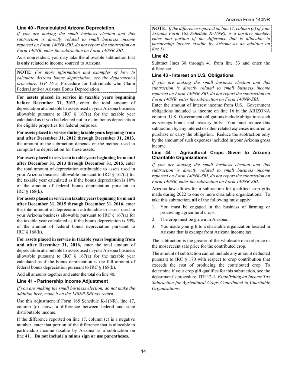 Instructions for Arizona Form 140NR, ADOR10413 Nonresident Personal Income Tax Return - Arizona, Page 14