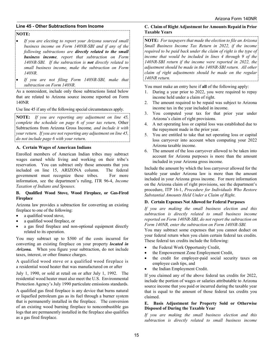 Download Instructions For Arizona Form 140nr Ador10413 Nonresident Personal Income Tax Return 4645