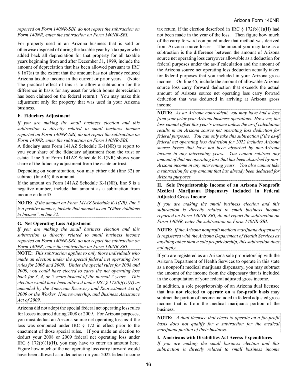 Instructions for Arizona Form 140NR, ADOR10413 Nonresident Personal Income Tax Return - Arizona, Page 16
