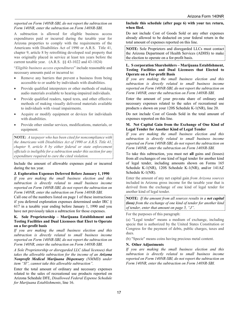 Instructions for Arizona Form 140NR, ADOR10413 Nonresident Personal Income Tax Return - Arizona, Page 17