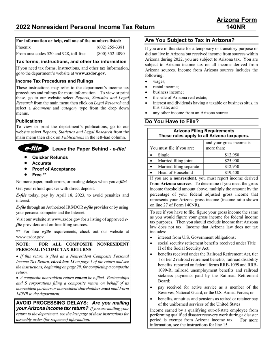 Instructions for Arizona Form 140NR, ADOR10413 Nonresident Personal Income Tax Return - Arizona, Page 1