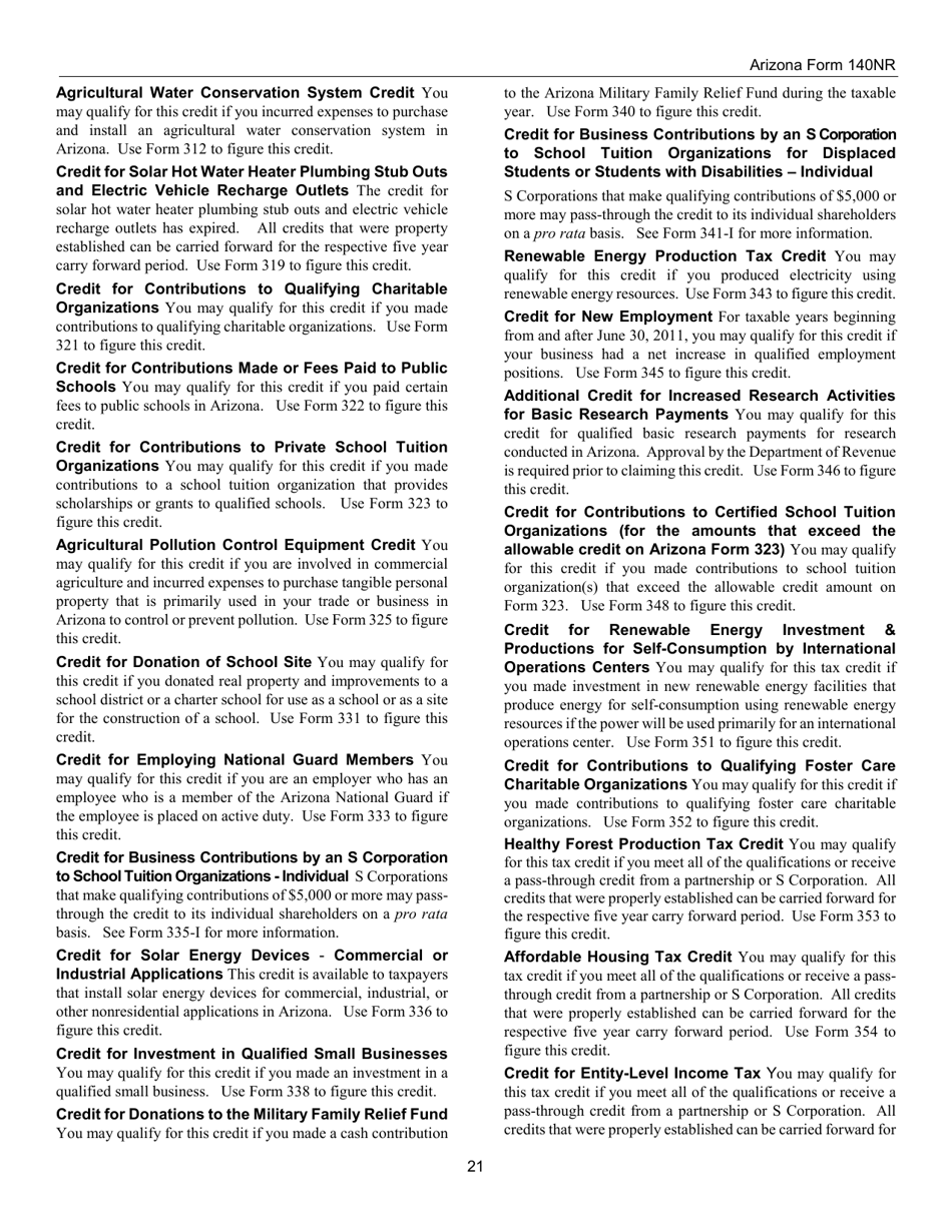 Instructions for Arizona Form 140NR, ADOR10413 Nonresident Personal Income Tax Return - Arizona, Page 21