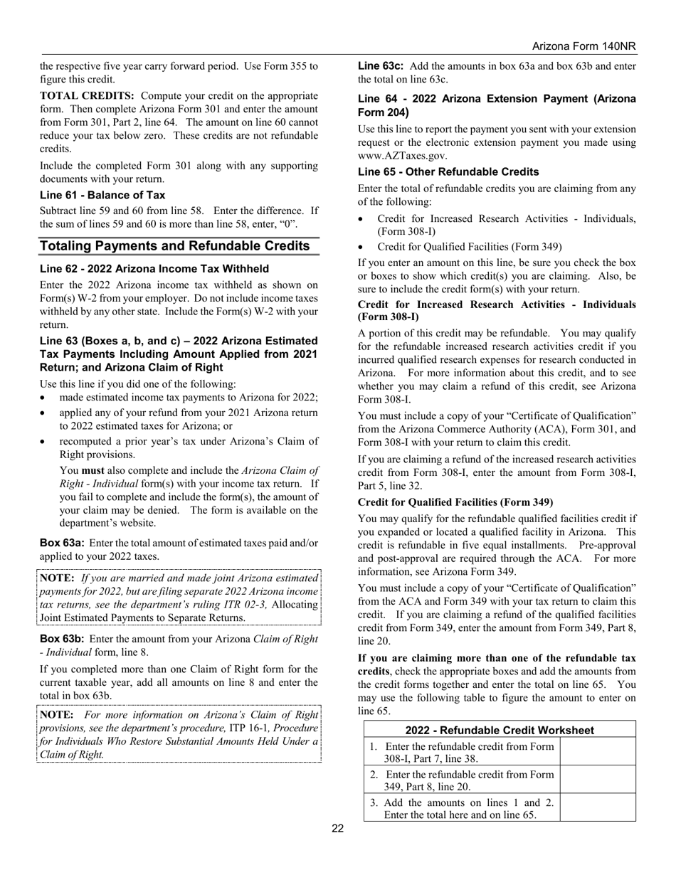 Instructions for Arizona Form 140NR, ADOR10413 Nonresident Personal Income Tax Return - Arizona, Page 22