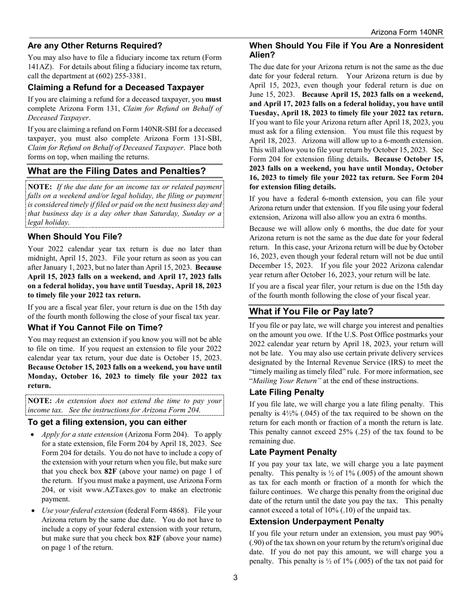 Instructions for Arizona Form 140NR, ADOR10413 Nonresident Personal Income Tax Return - Arizona, Page 3