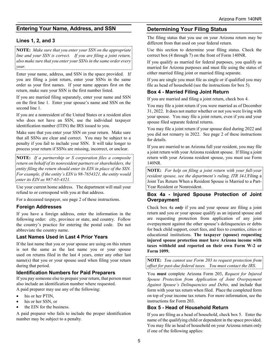 Instructions for Arizona Form 140NR, ADOR10413 Nonresident Personal Income Tax Return - Arizona, Page 5
