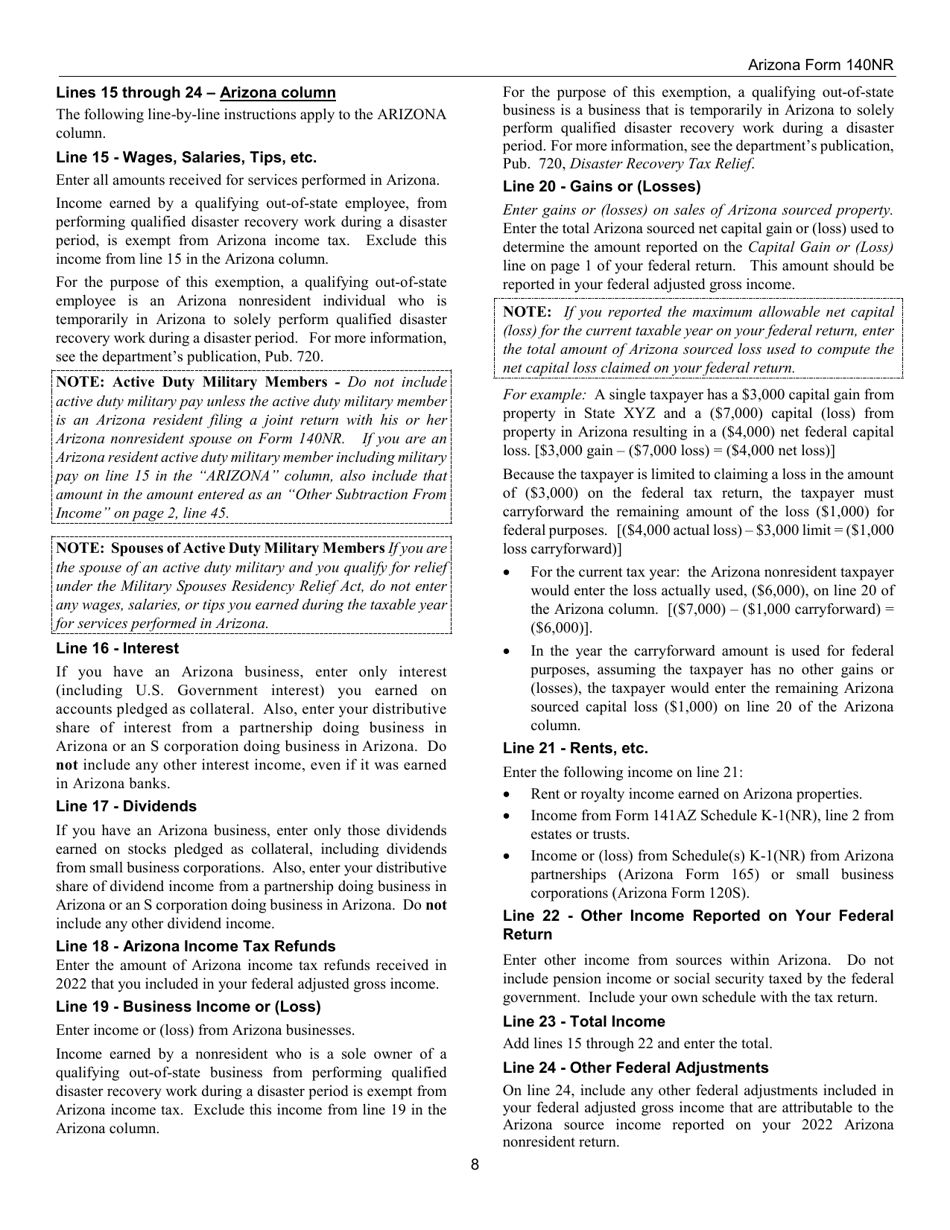 Instructions for Arizona Form 140NR, ADOR10413 Nonresident Personal Income Tax Return - Arizona, Page 8