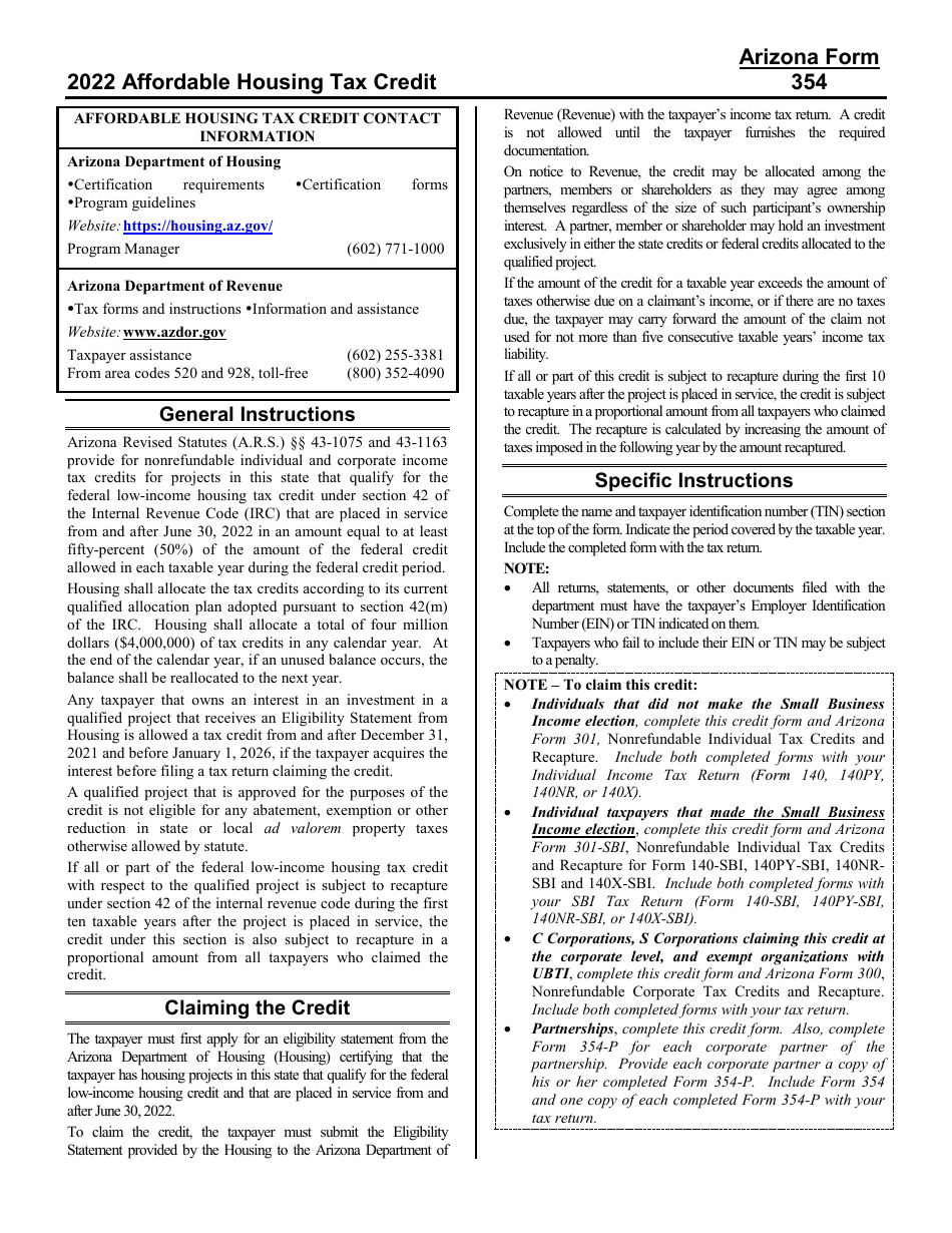 Instructions for Arizona Form 354, ADOR11397, Arizona Form 354-P, ADOR11398, Arizona Form 354-S, ADOR11399 - Arizona, Page 1