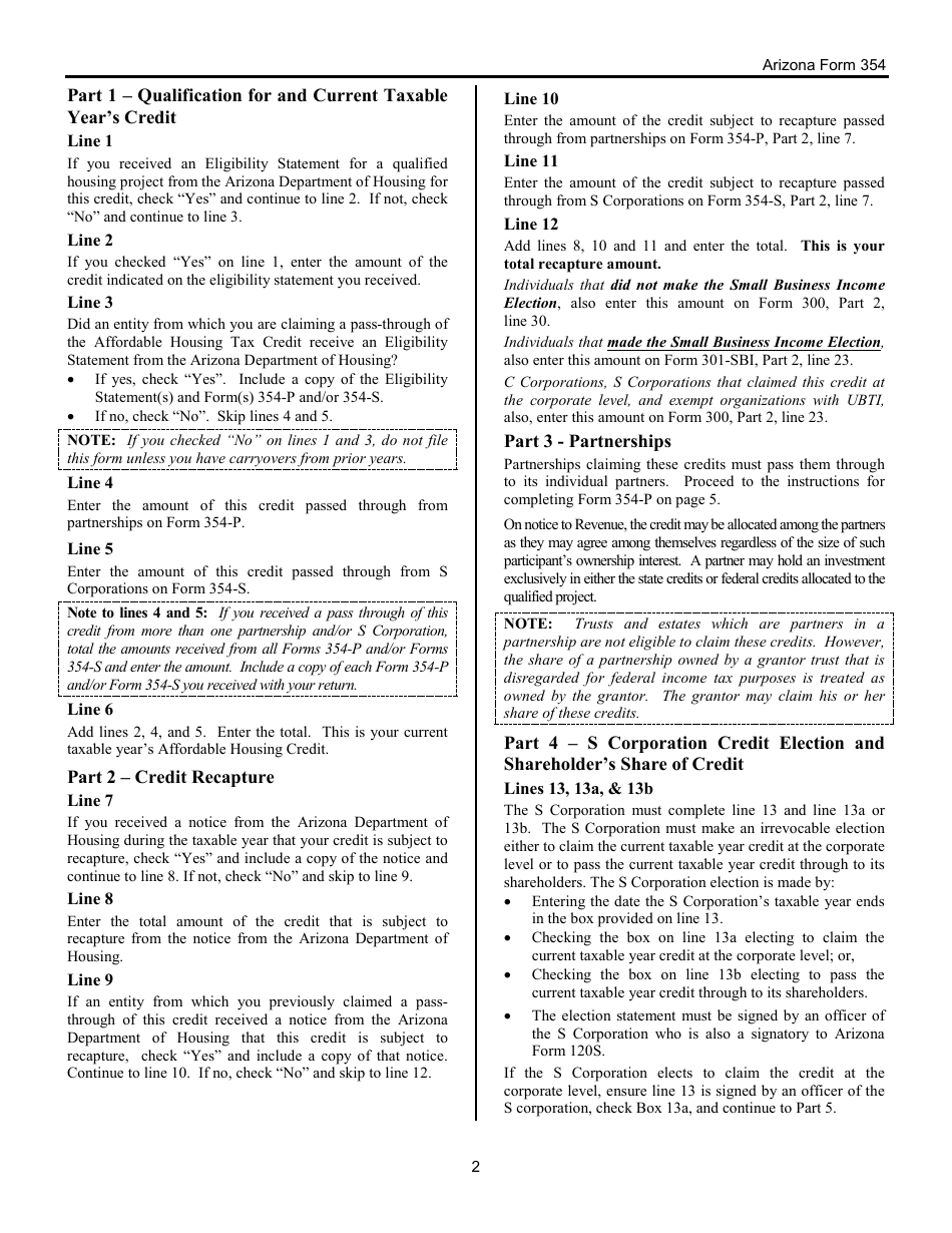 Instructions for Arizona Form 354, ADOR11397, Arizona Form 354-P, ADOR11398, Arizona Form 354-S, ADOR11399 - Arizona, Page 2