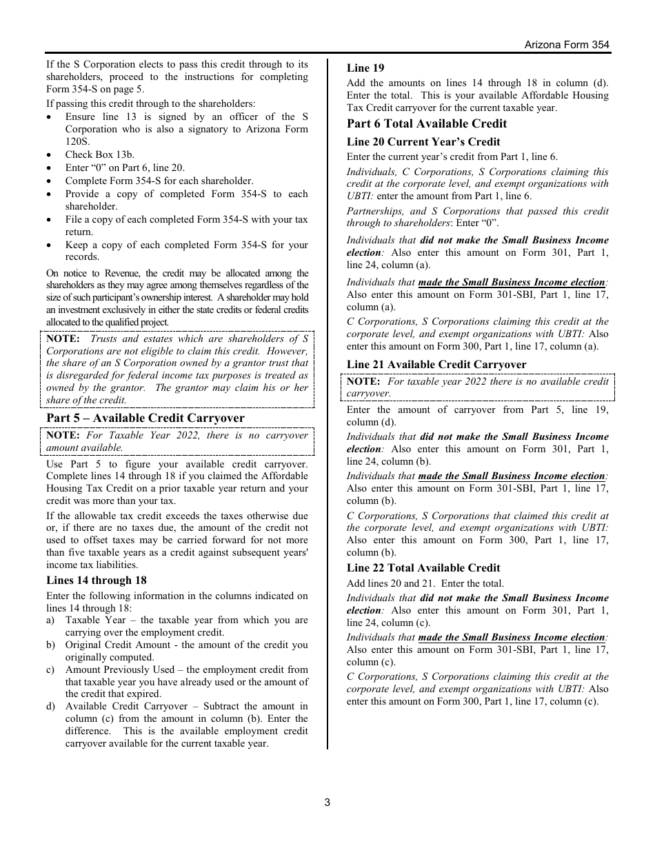 Instructions for Arizona Form 354, ADOR11397, Arizona Form 354-P, ADOR11398, Arizona Form 354-S, ADOR11399 - Arizona, Page 3