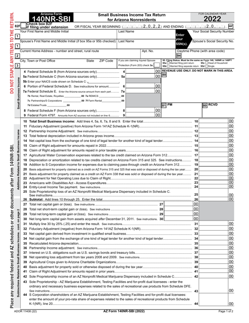 Arizona Form 140NR-SBI (ADOR11408) 2022 Printable Pdf