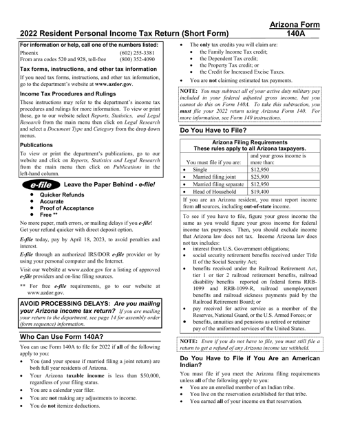 Instructions for Arizona Form 140A, ADOR10414 Resident Personal Income Tax Return (Short Form) - Arizona, 2022