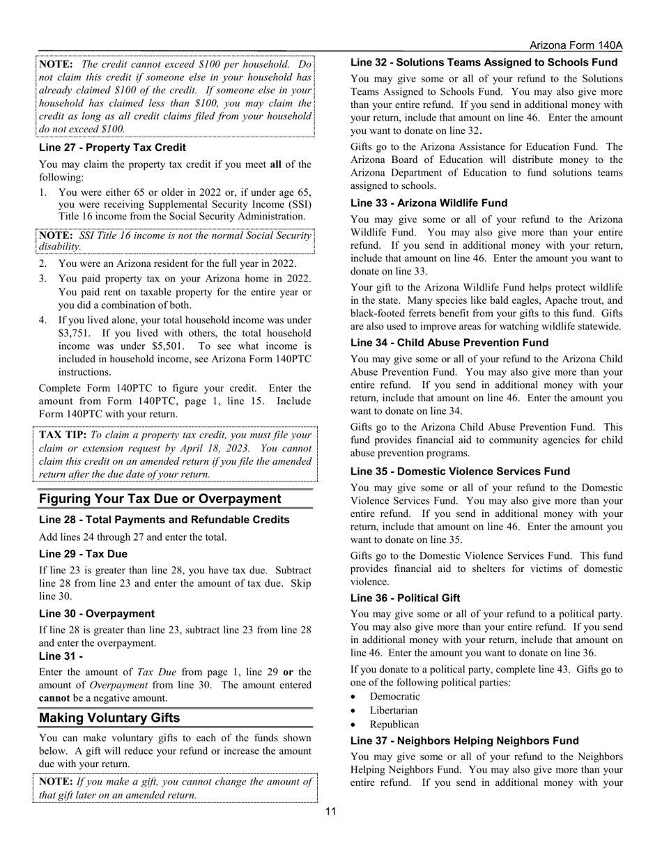 Instructions for Arizona Form 140A, ADOR10414 Resident Personal Income Tax Return (Short Form) - Arizona, Page 11