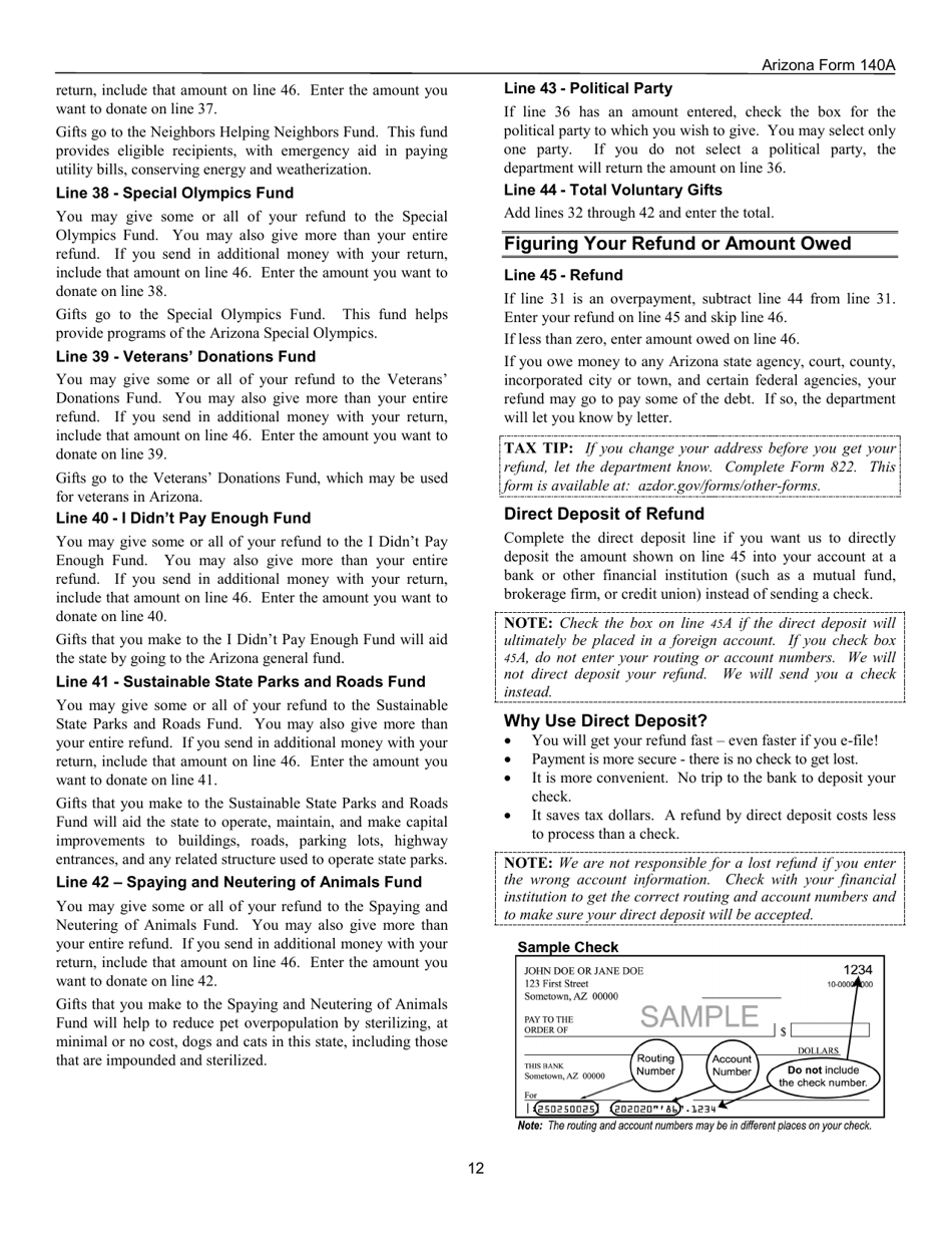 Instructions for Arizona Form 140A, ADOR10414 Resident Personal Income Tax Return (Short Form) - Arizona, Page 12