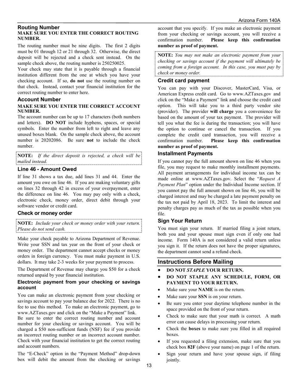 Instructions for Arizona Form 140A, ADOR10414 Resident Personal Income Tax Return (Short Form) - Arizona, Page 13