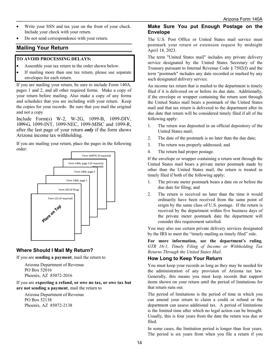 Instructions for Arizona Form 140A, ADOR10414 Resident Personal Income Tax Return (Short Form) - Arizona, Page 14