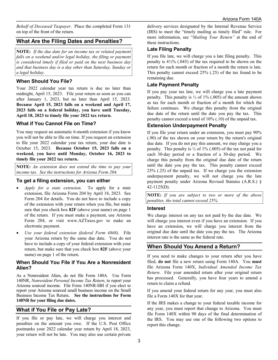 Instructions for Arizona Form 140A, ADOR10414 Resident Personal Income Tax Return (Short Form) - Arizona, Page 3