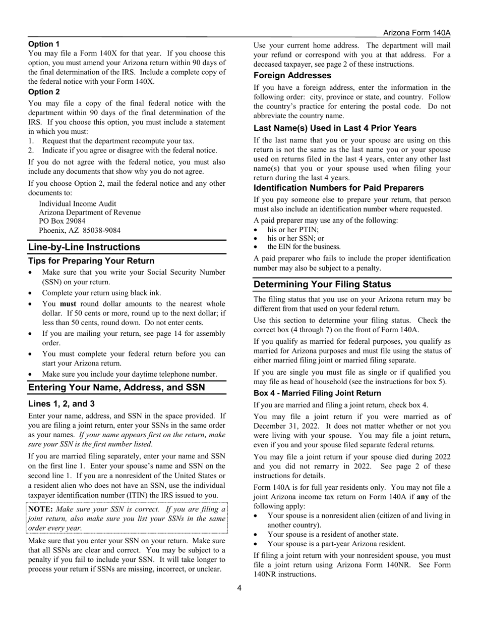 Instructions for Arizona Form 140A, ADOR10414 Resident Personal Income Tax Return (Short Form) - Arizona, Page 4