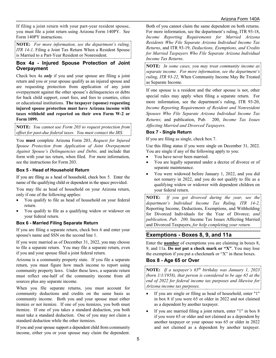 Instructions for Arizona Form 140A, ADOR10414 Resident Personal Income Tax Return (Short Form) - Arizona, Page 5