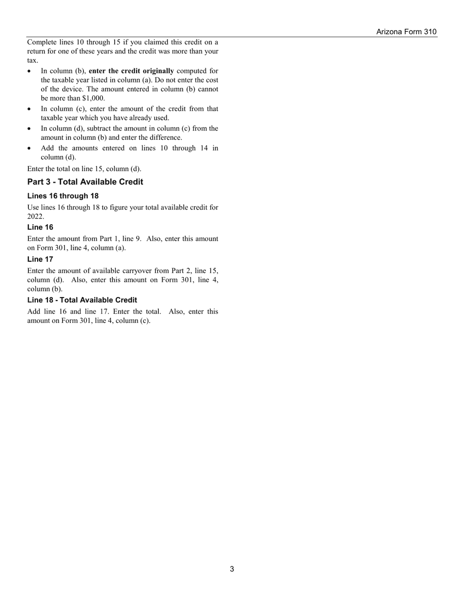 Instructions for Arizona Form 310, ADOR10139 Credit for Solar Energy Devices - Arizona, Page 3