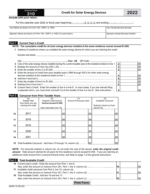 Arizona Form 310 (ADOR10139) 2022 Printable Pdf