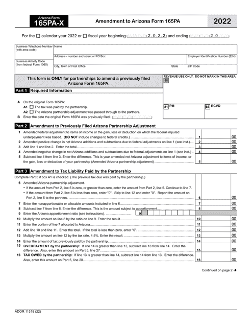 Arizona Form 165PA-X (ADOR11318) Amendment to Arizona Form 165pa - Arizona, 2022