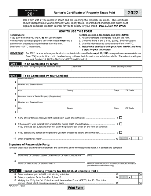 Arizona Form 201 (ADOR10417) Renter's Certificate of Property Taxes Paid - Arizona, 2022