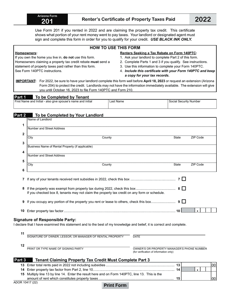 Arizona Form 201 (ADOR10417) Renters Certificate of Property Taxes Paid - Arizona, Page 1