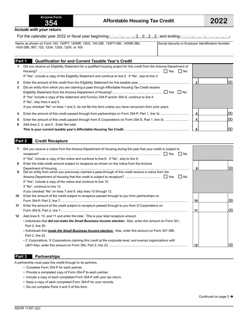 Arizona Form 354 (ADOR11397) Affordable Housing Tax Credit - Arizona, 2022