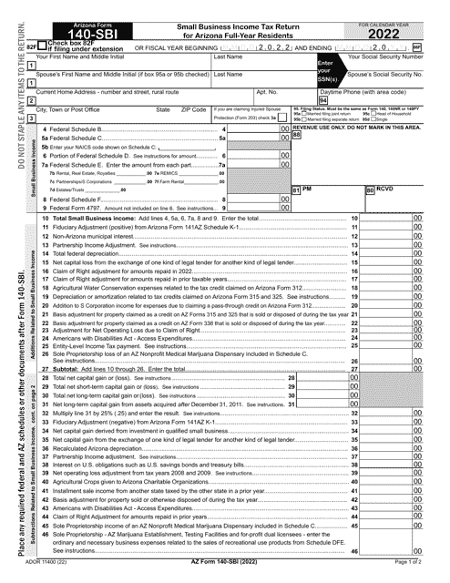 Arizona Form 140-SBI (ADOR11400) Small Business Income Tax Return for Arizona Full-Year Residents - Arizona, 2022