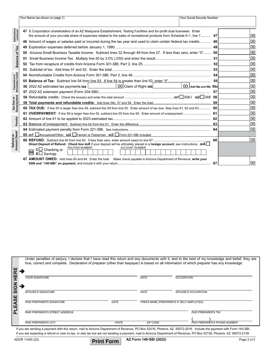 Arizona Form 140-SBI (ADOR11400) Download Fillable PDF or Fill Online ...