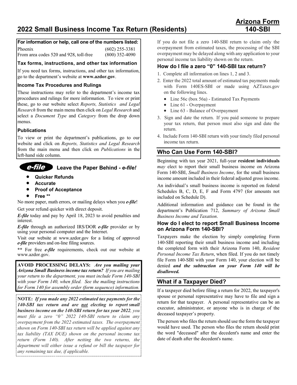 Download Instructions for Arizona Form 140SBI, ADOR11400 Small