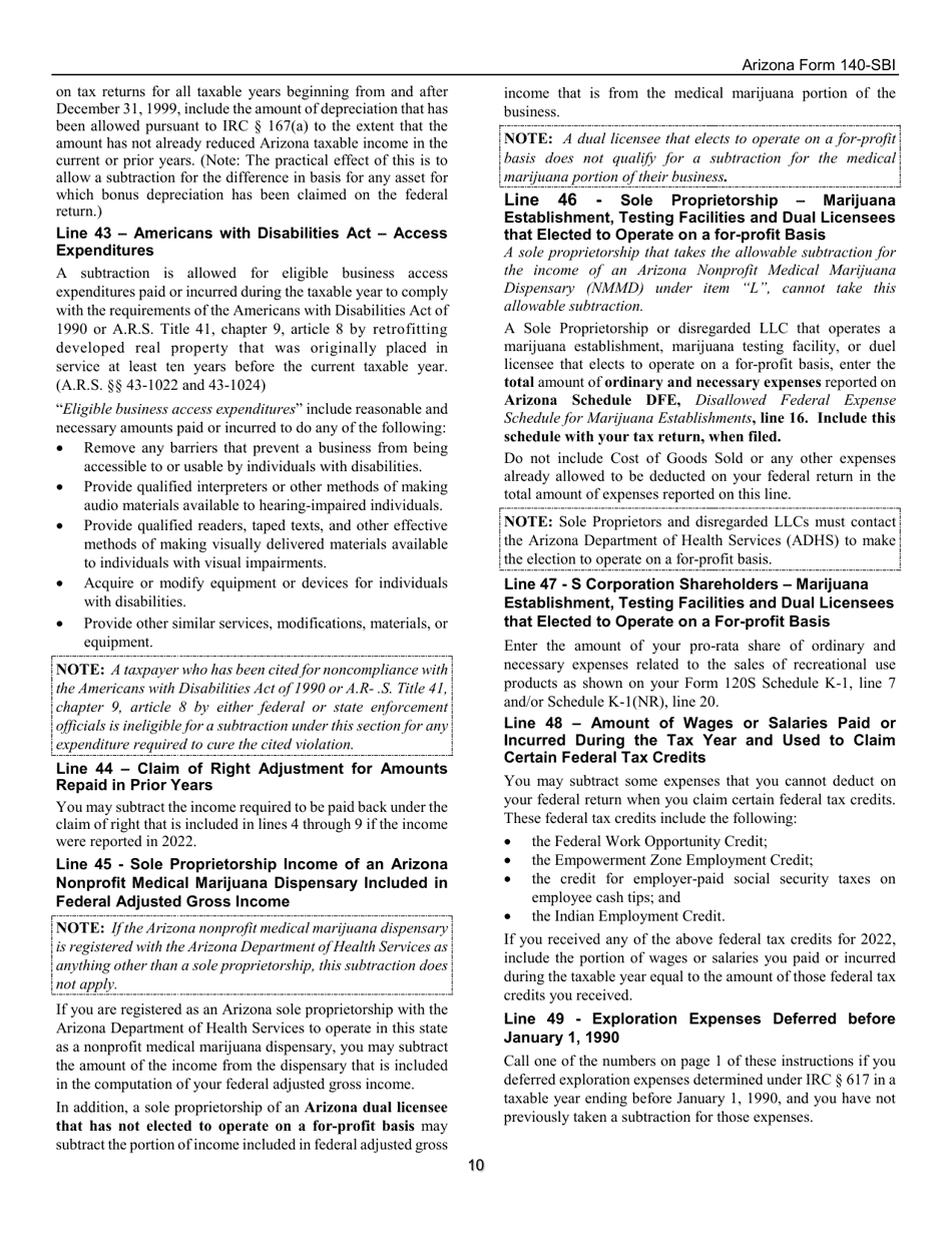 Instructions for Arizona Form 140-SBI, ADOR11400 Small Business Income Tax Return (Residents) - Arizona, Page 10