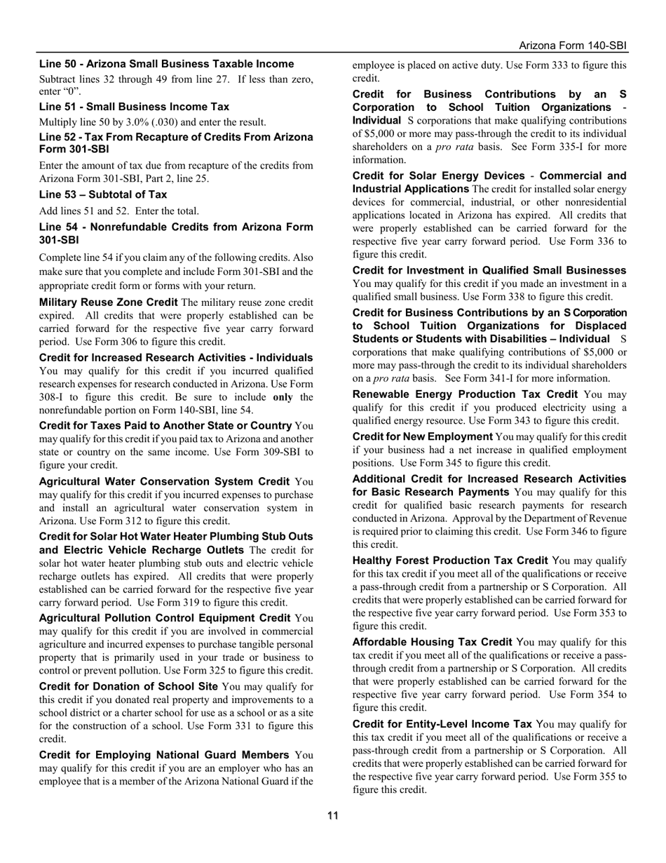 Instructions for Arizona Form 140-SBI, ADOR11400 Small Business Income Tax Return (Residents) - Arizona, Page 11