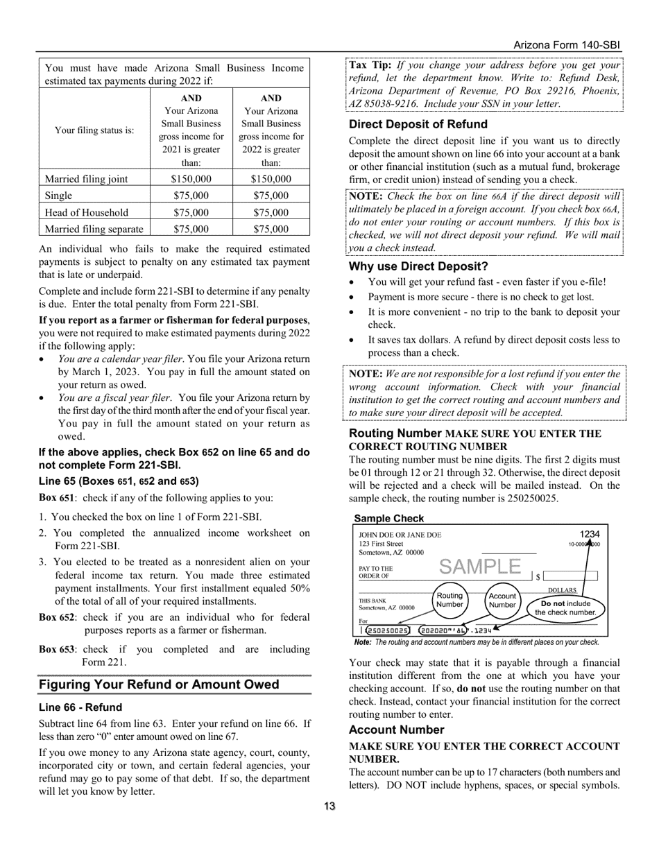 Instructions for Arizona Form 140-SBI, ADOR11400 Small Business Income Tax Return (Residents) - Arizona, Page 13
