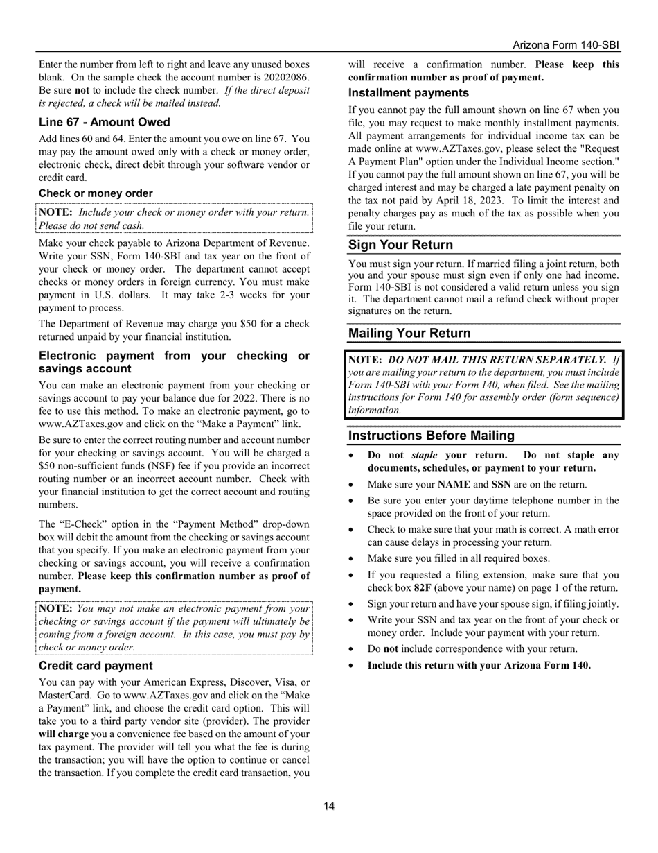 Instructions for Arizona Form 140-SBI, ADOR11400 Small Business Income Tax Return (Residents) - Arizona, Page 14