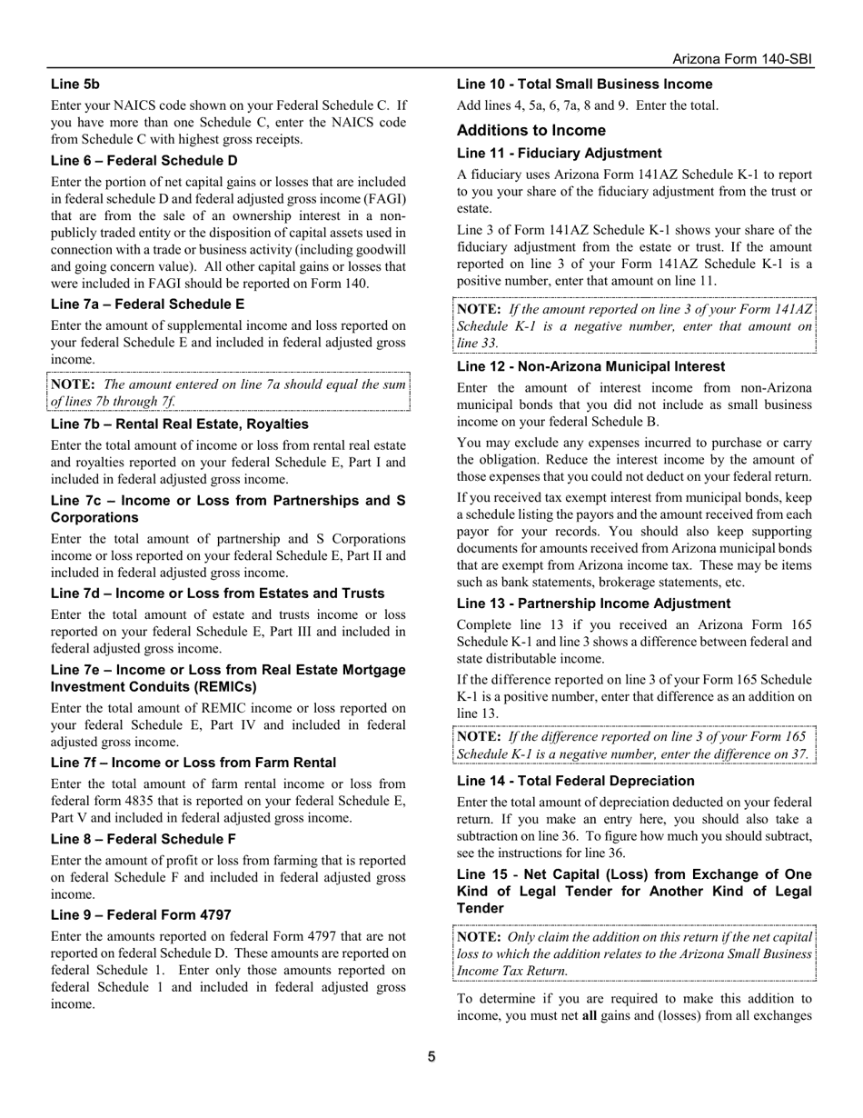 Instructions for Arizona Form 140-SBI, ADOR11400 Small Business Income Tax Return (Residents) - Arizona, Page 5