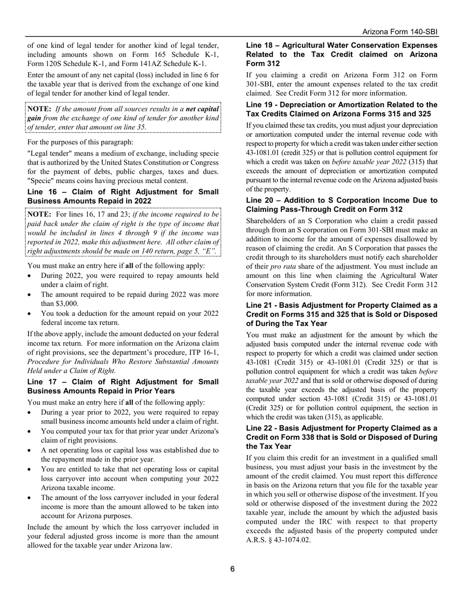 Instructions for Arizona Form 140-SBI, ADOR11400 Small Business Income Tax Return (Residents) - Arizona, Page 6