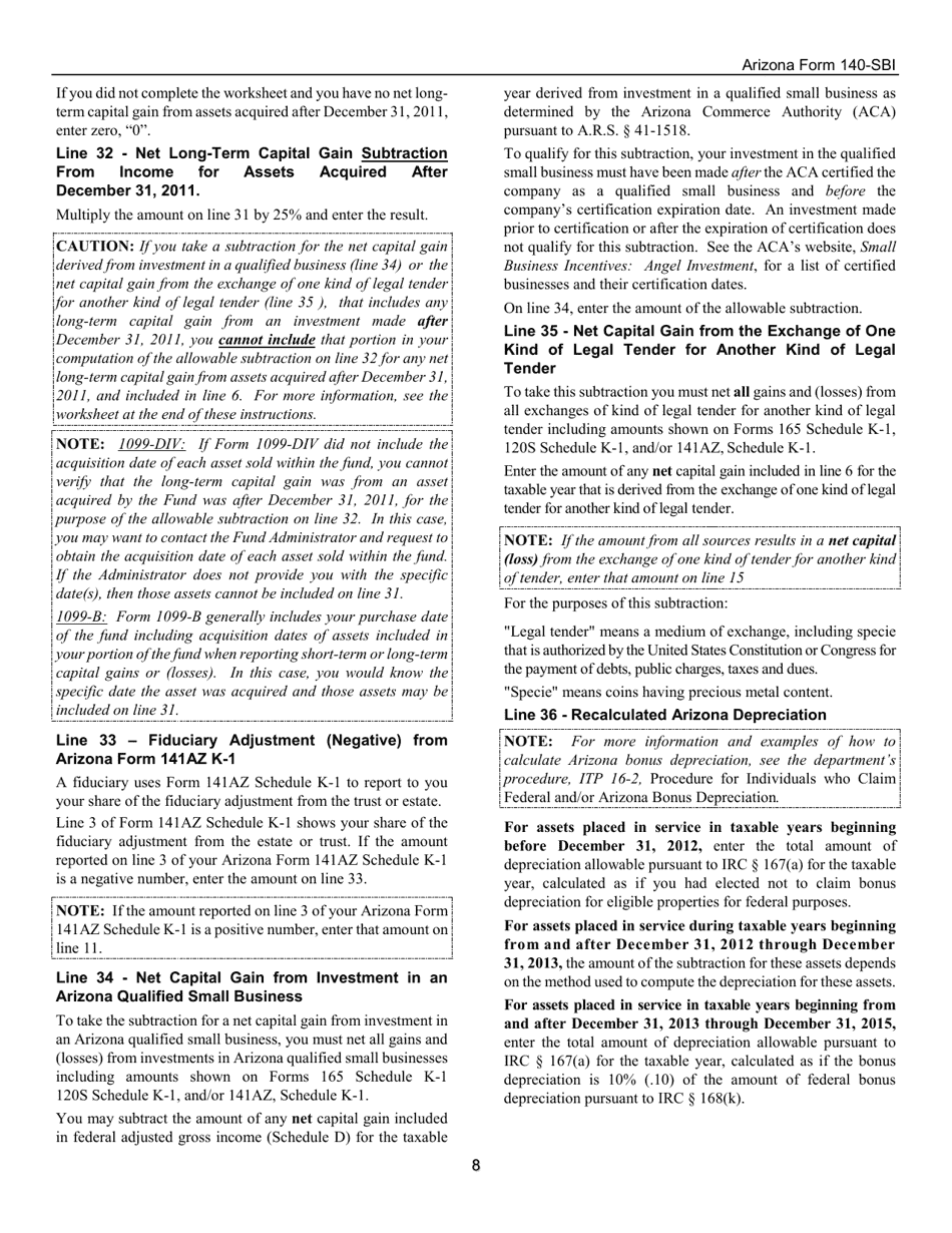 Instructions for Arizona Form 140-SBI, ADOR11400 Small Business Income Tax Return (Residents) - Arizona, Page 8