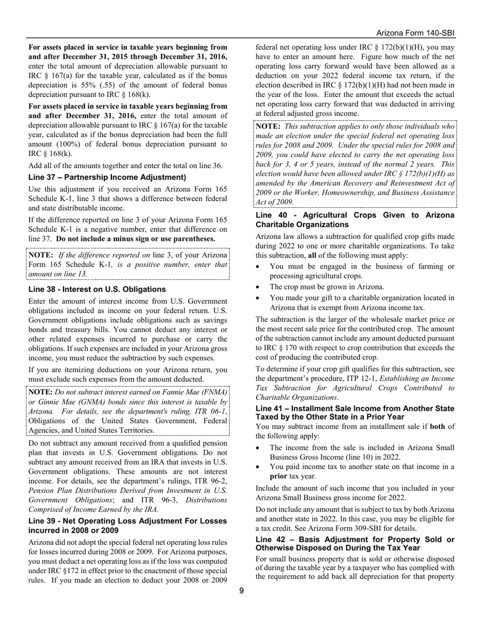 Instructions for Arizona Form 140-SBI, ADOR11400 Small Business Income Tax Return (Residents) - Arizona, Page 9