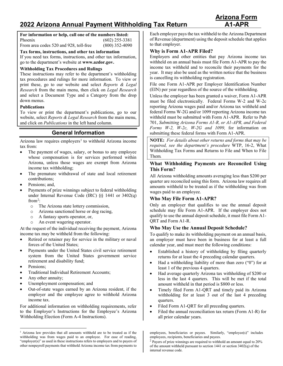 Download Instructions for Arizona Form A1APR, ADOR10939 Arizona Annual