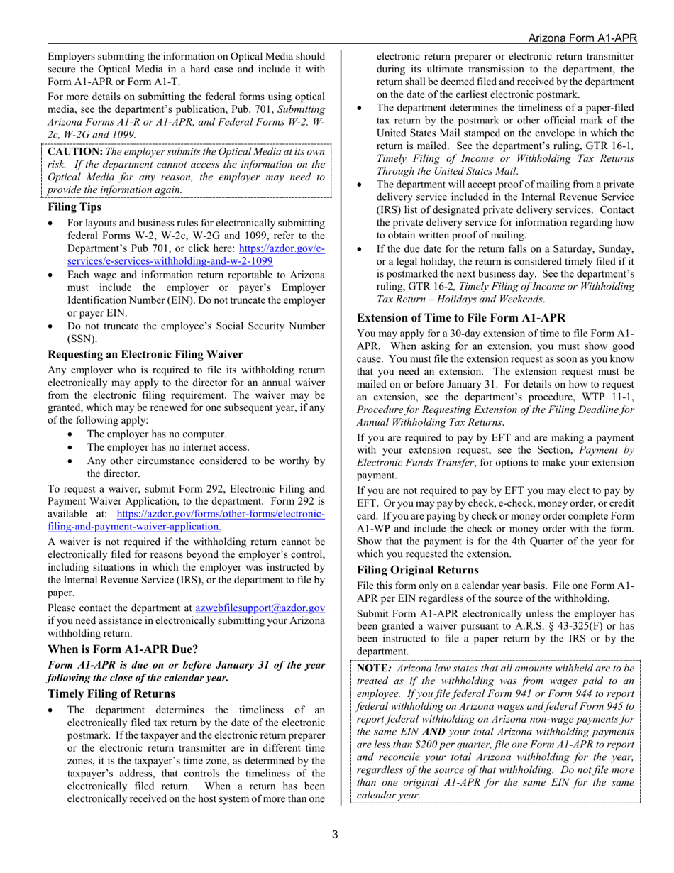 Download Instructions for Arizona Form A1APR, ADOR10939 Arizona Annual