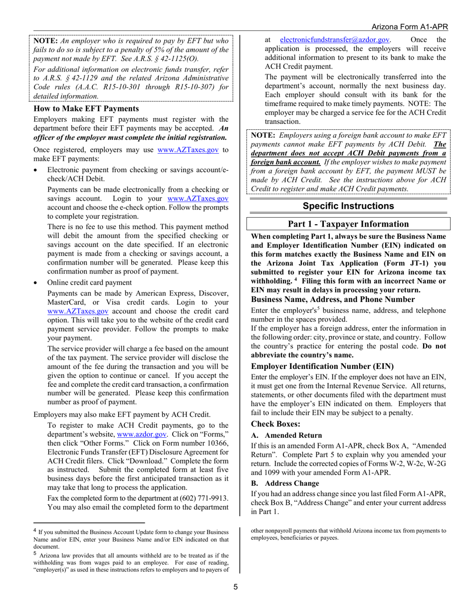 Download Instructions for Arizona Form A1APR, ADOR10939 Arizona Annual